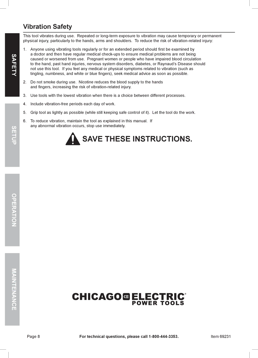 Chicago Electric 69231 owner manual Vibration Safety 