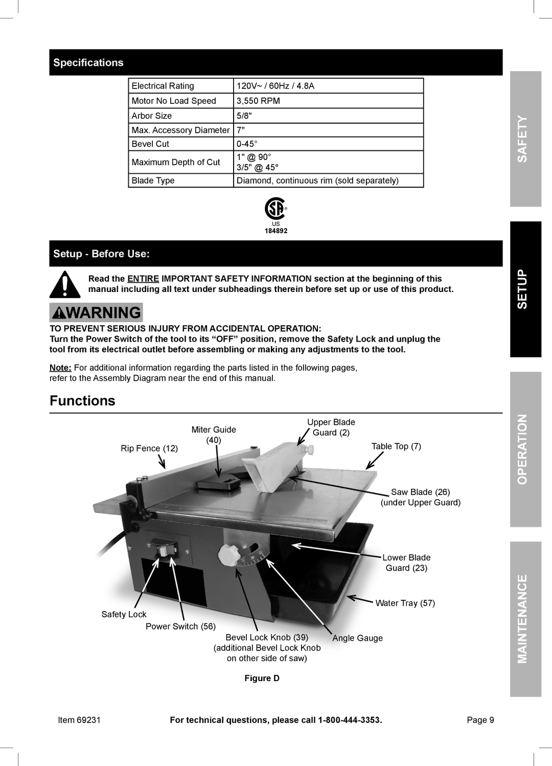 Chicago Electric 69231 owner manual Functions, Specifications, Setup Before Use 