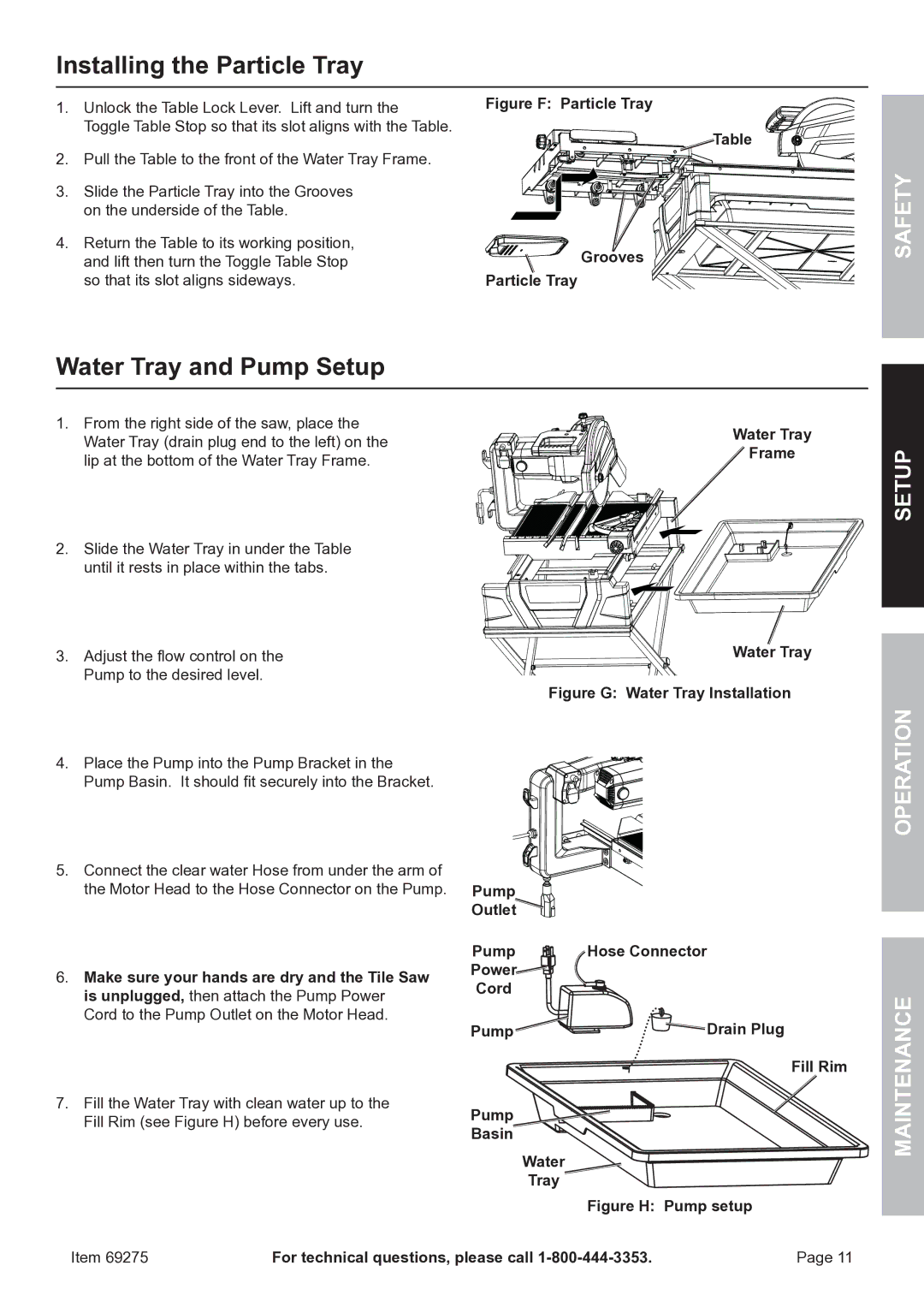 Chicago Electric 69275 owner manual Installing the Particle Tray, Water Tray and Pump Setup, Setup Operation 