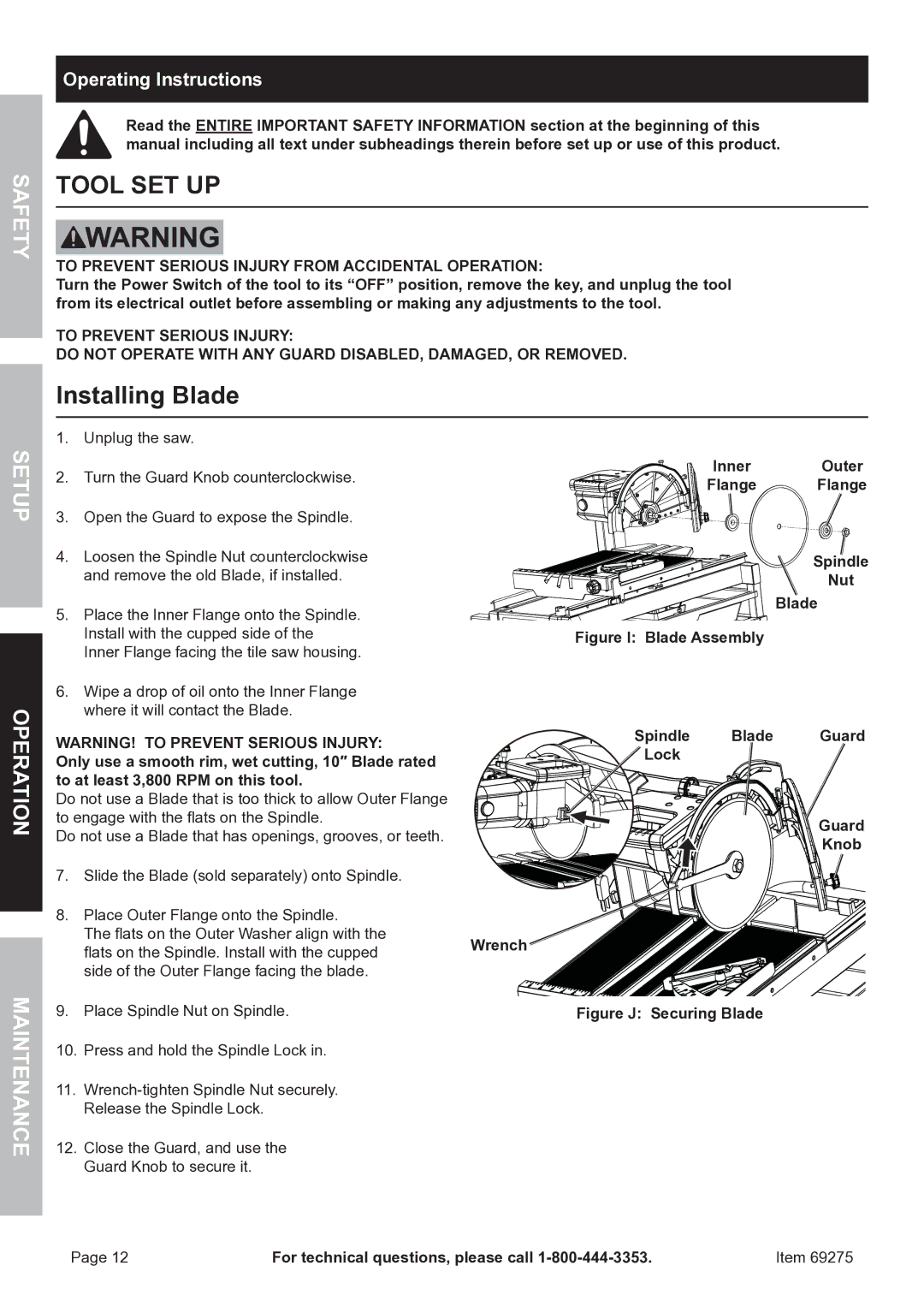 Chicago Electric 69275 owner manual Installing Blade, Operating Instructions, Inner Outer Flange Flange Spindle Nut Blade 