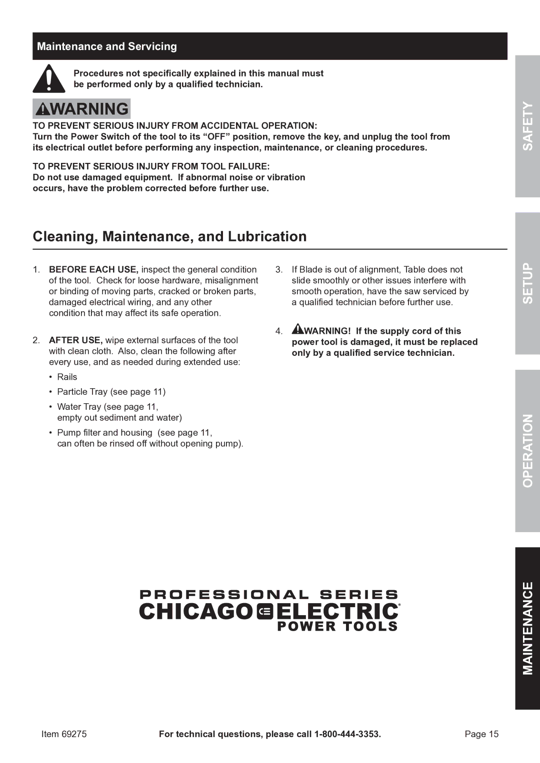 Chicago Electric 69275 owner manual Cleaning, Maintenance, and Lubrication, Maintenance and Servicing 