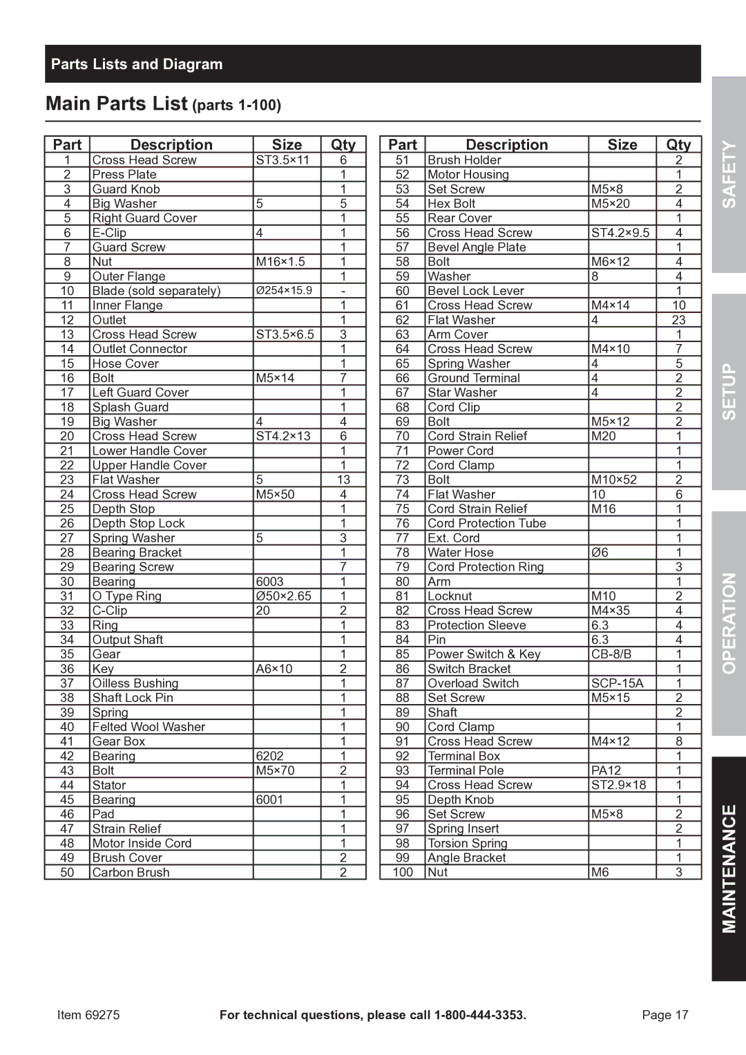 Chicago Electric 69275 owner manual Main Parts List parts, Parts Lists and Diagram 