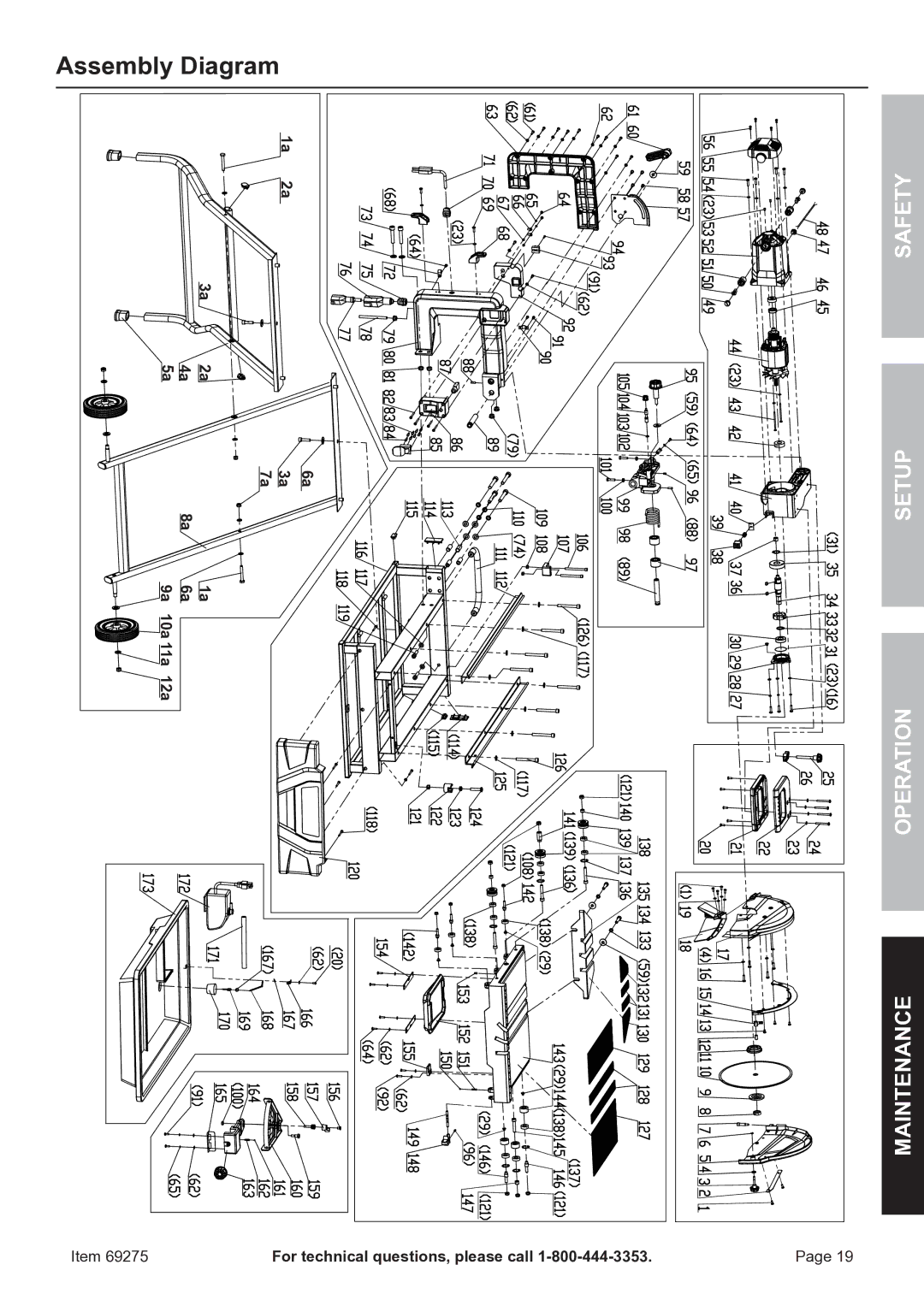 Chicago Electric 69275 Assembly Diagram, 1a 2a 2a 4a 5a 6a 3a 7a, 10a 11a 12a For technical questions, please call 