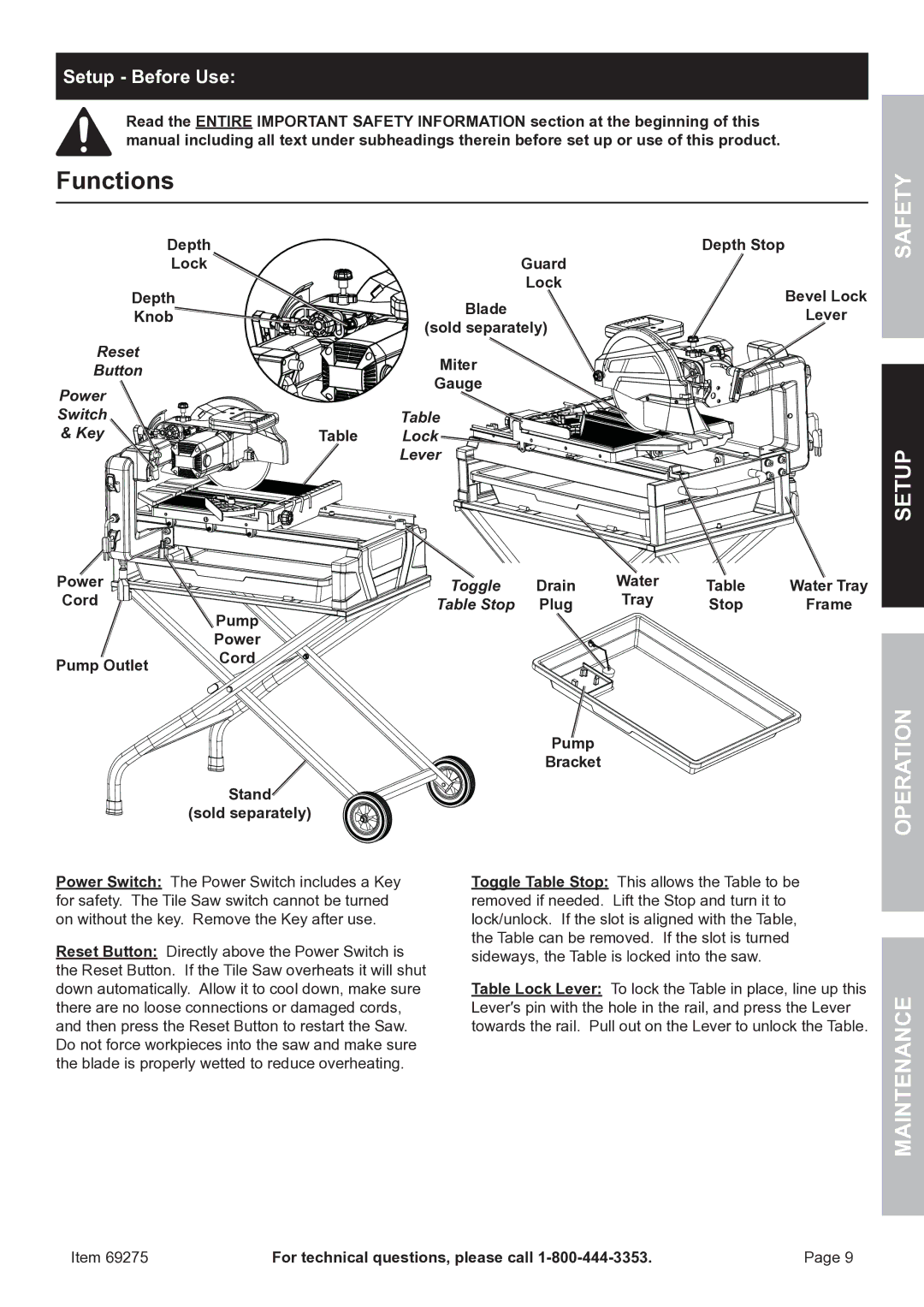 Chicago Electric 69275 owner manual Functions, Setup Before Use 