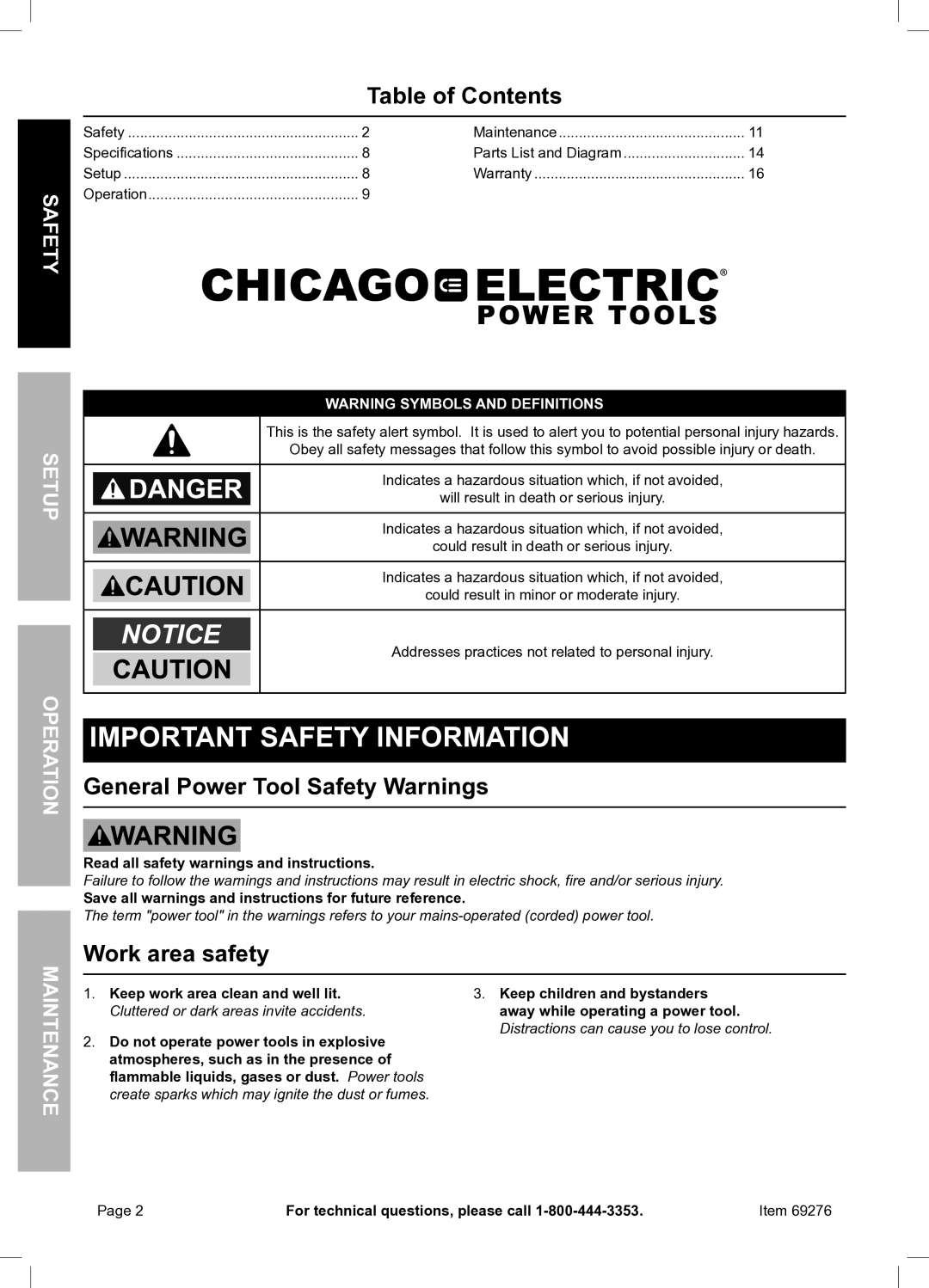 Chicago Electric 69276 owner manual Table of Contents, General Power Tool Safety Warnings, Work area safety 