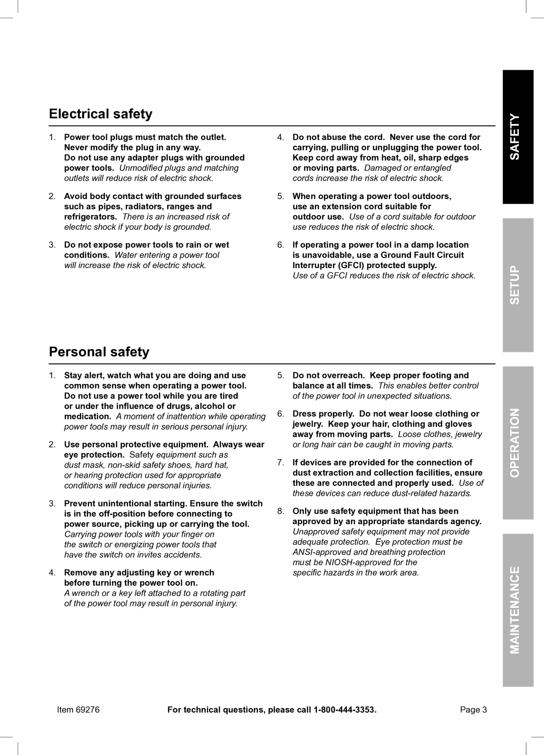 Chicago Electric 69276 owner manual Electrical safety, Personal safety, Safety Setup Operation Maintenance 