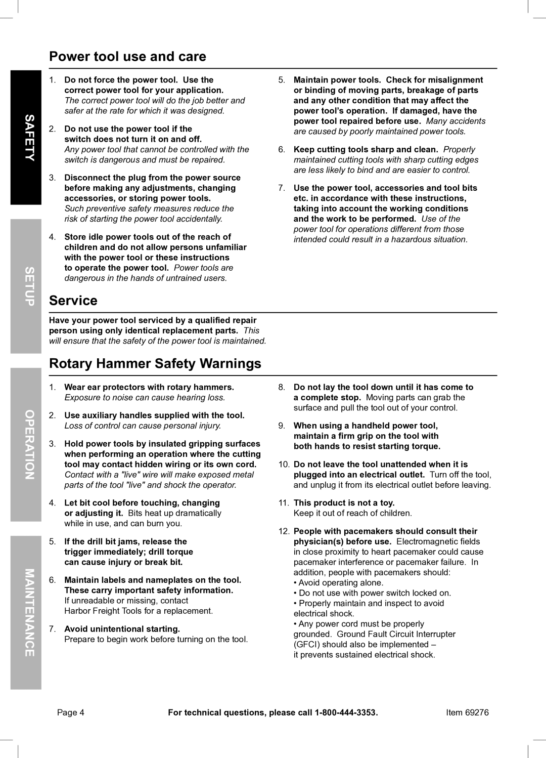 Chicago Electric 69276 owner manual Power tool use and care, Service, Rotary Hammer Safety Warnings, Yt feSa EtupS 