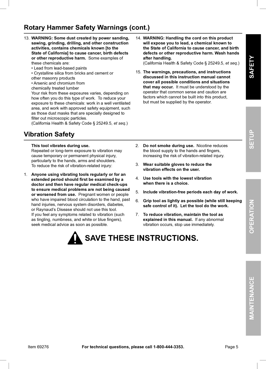 Chicago Electric 69276 owner manual Vibration Safety, Operation Maintenance, This tool vibrates during use 