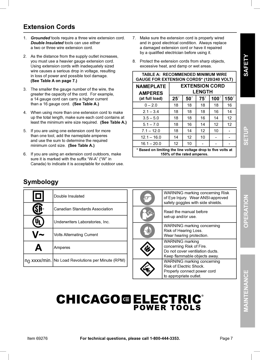 Chicago Electric 69276 owner manual Extension Cords, Symbology, Safety Setup 