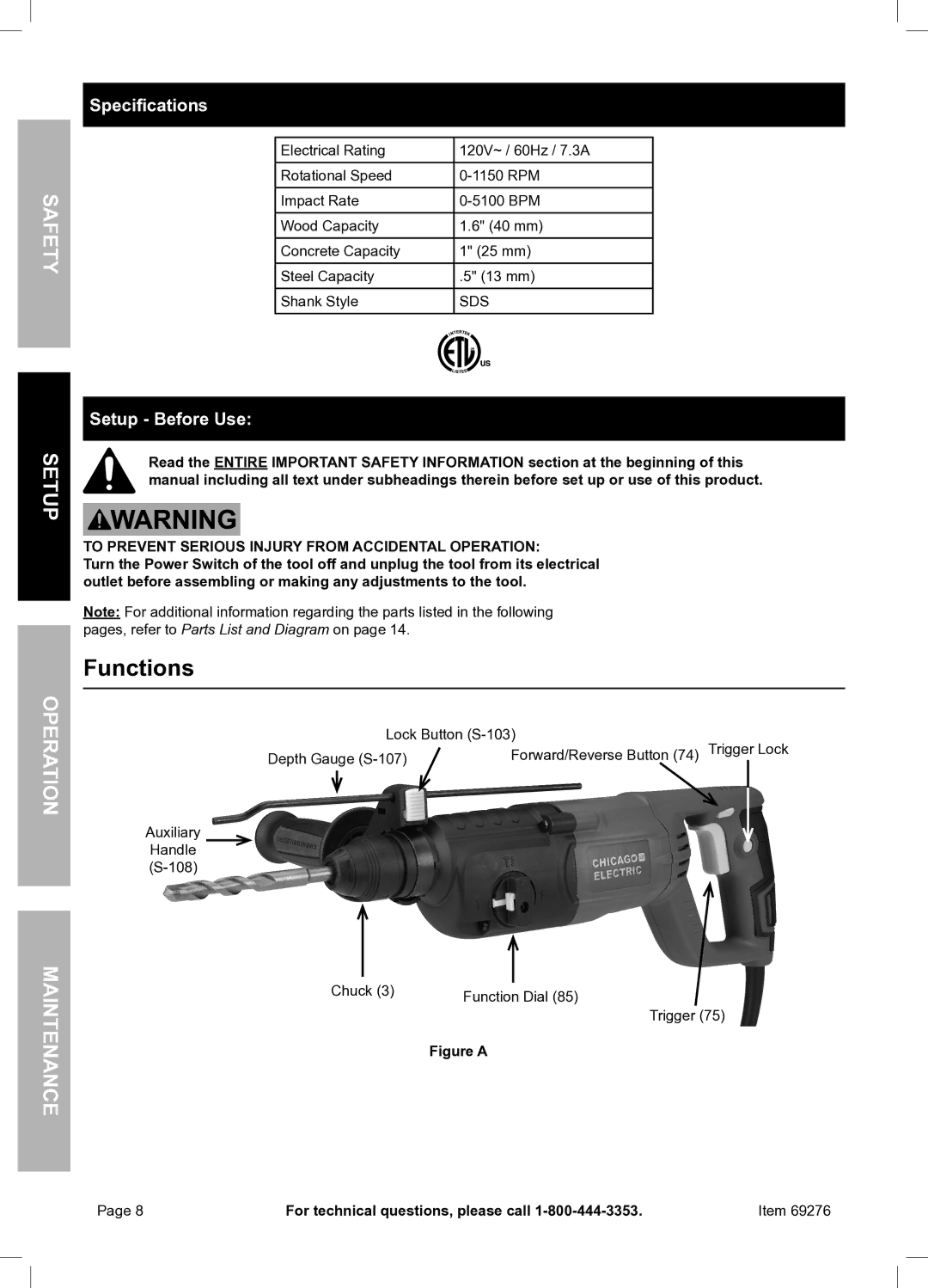 Chicago Electric 69276 owner manual Functions, Yt feSa EtupS No atierOp Ce enan Maint, Specifications, Setup Before Use 