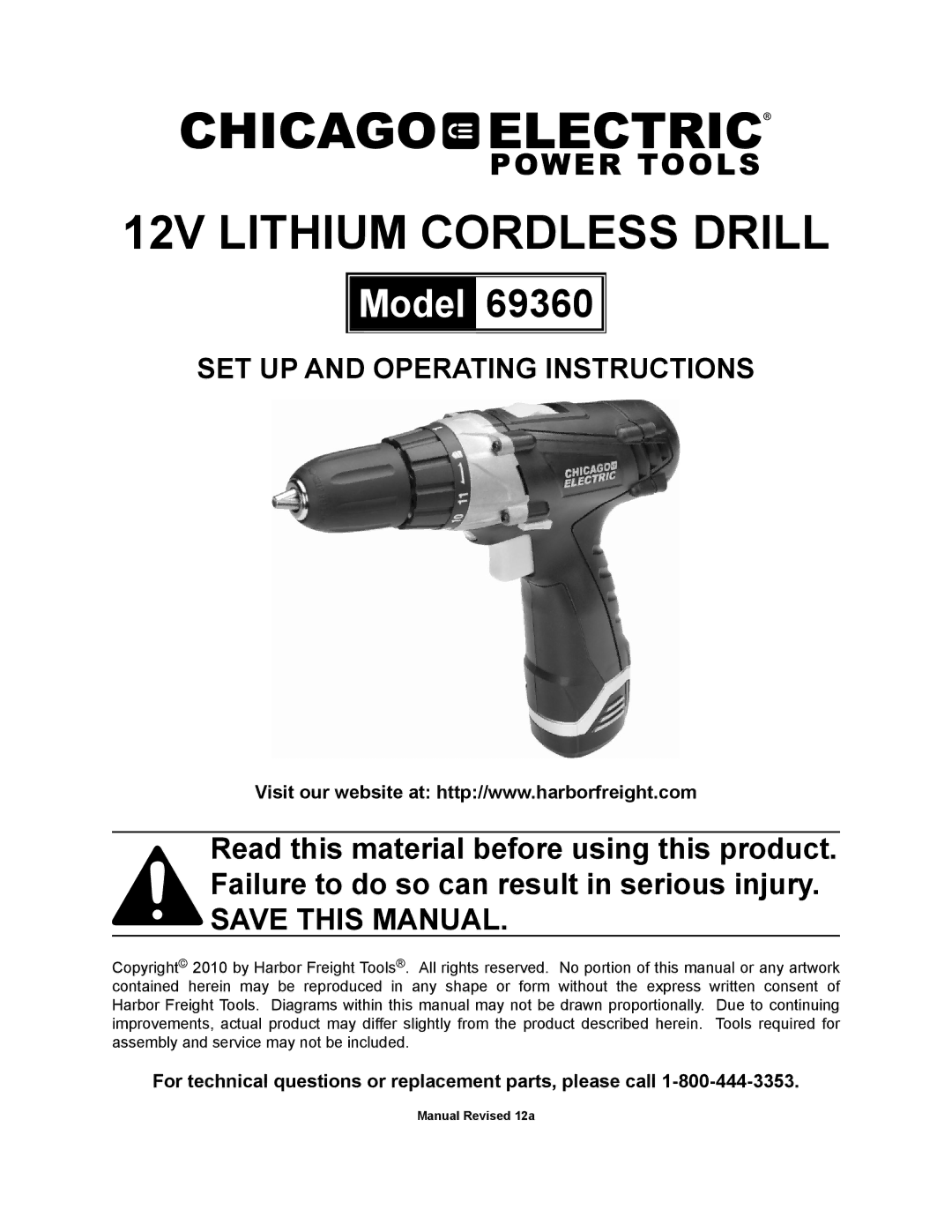 Chicago Electric 69360 operating instructions 12V Lithium Cordless Drill 