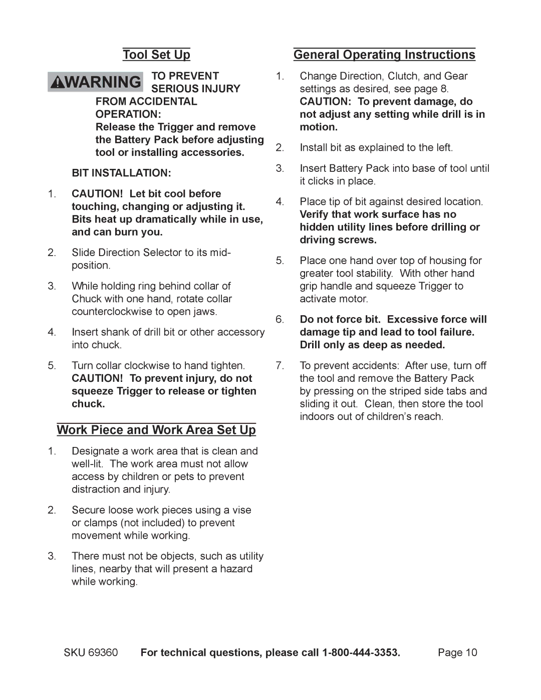 Chicago Electric 69360 operating instructions Tool Set Up, Work Piece and Work Area Set Up, General Operating Instructions 