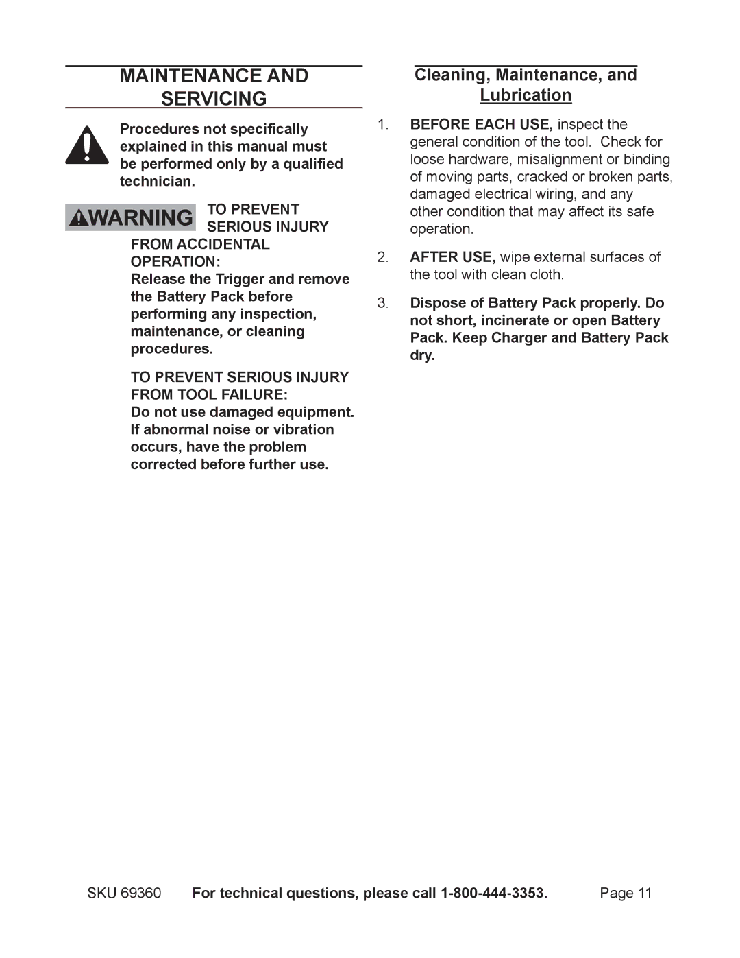 Chicago Electric 69360 operating instructions Maintenance Servicing, Cleaning, Maintenance, Lubrication 