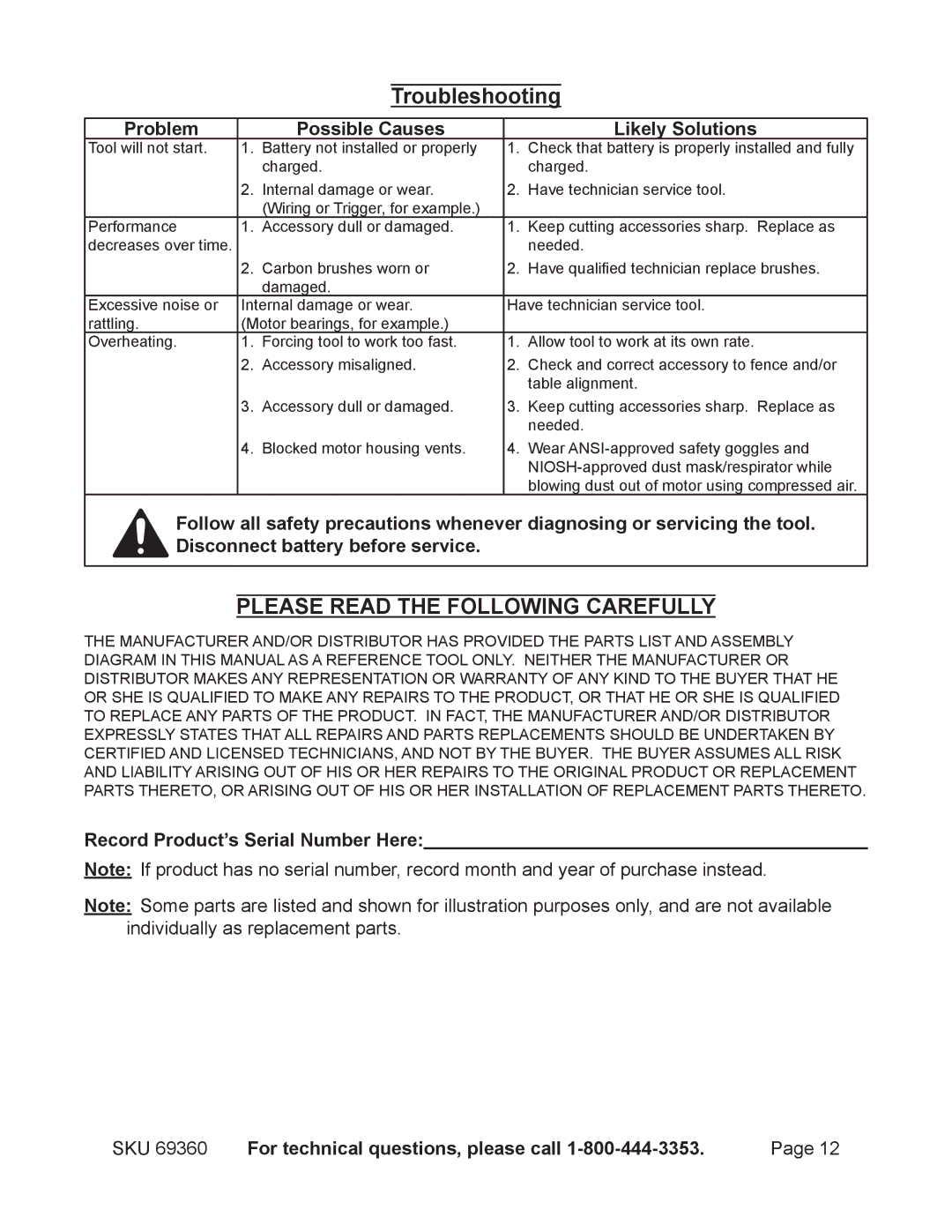 Chicago Electric 69360 Troubleshooting, Problem Possible Causes Likely Solutions, Record Product’s Serial Number Here 