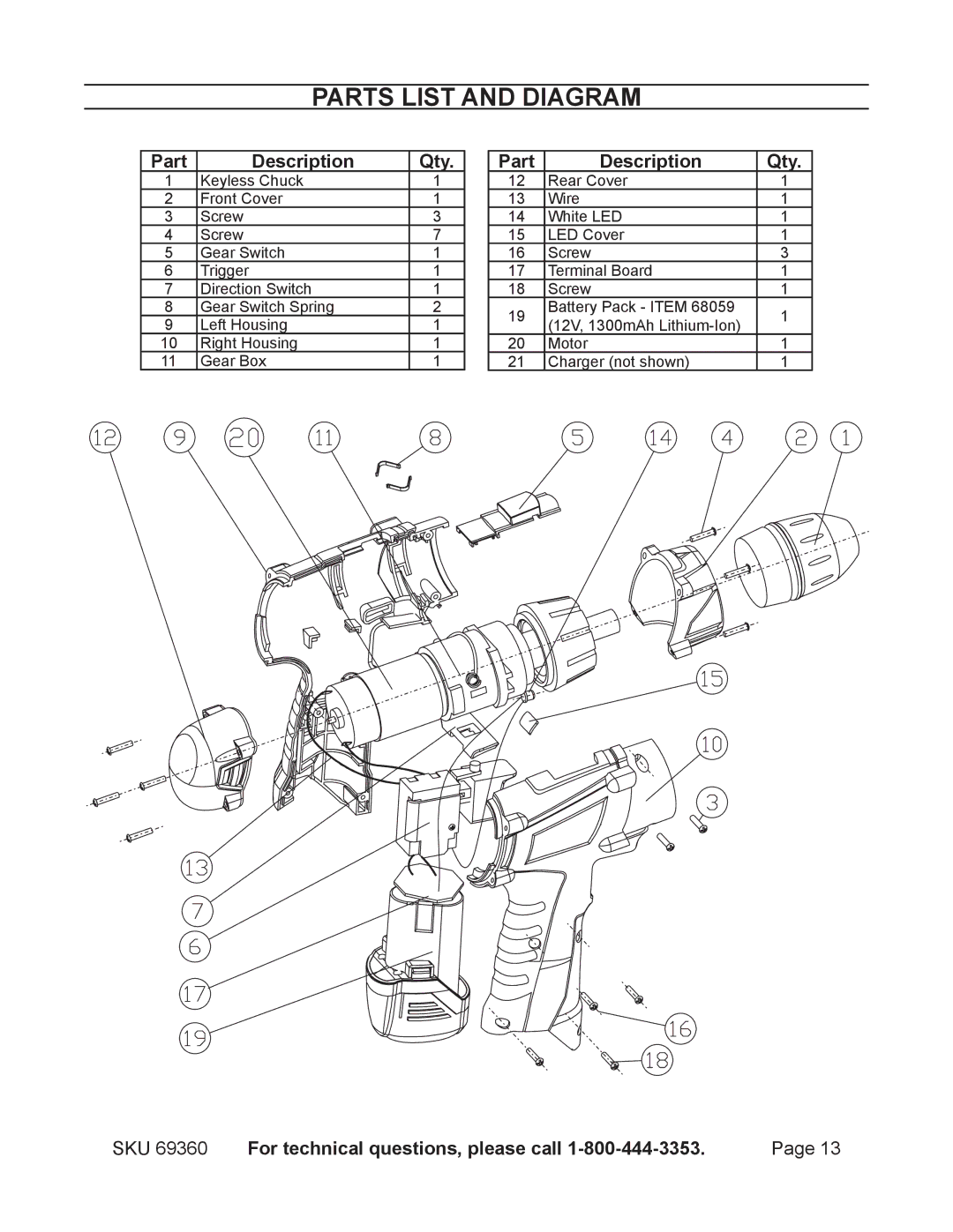 Chicago Electric 69360 operating instructions Parts List and Diagram, Part Description Qty 