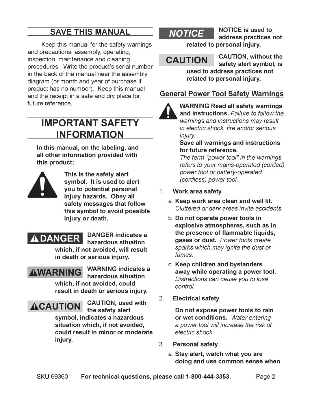 Chicago Electric 69360 Save This Manual, General Power Tool Safety Warnings, For technical questions, please call 