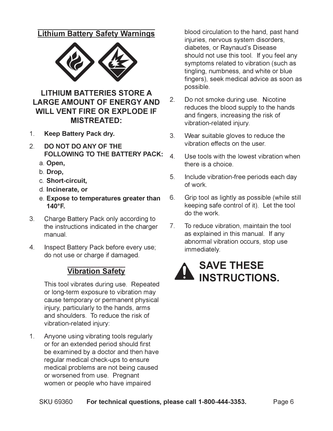 Chicago Electric 69360 operating instructions Vibration Safety 