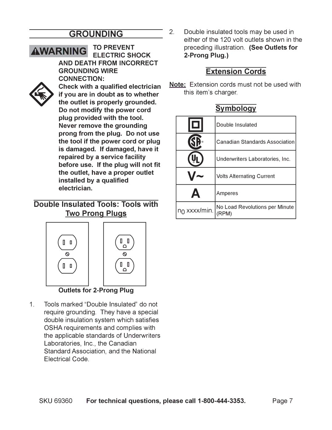 Chicago Electric 69360 operating instructions Grounding, Double Insulated Tools Tools with Two Prong Plugs, Extension Cords 