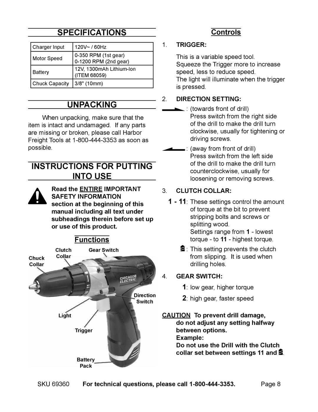 Chicago Electric 69360 operating instructions SpecificationsControls, Unpacking, Instructions for putting Into use 