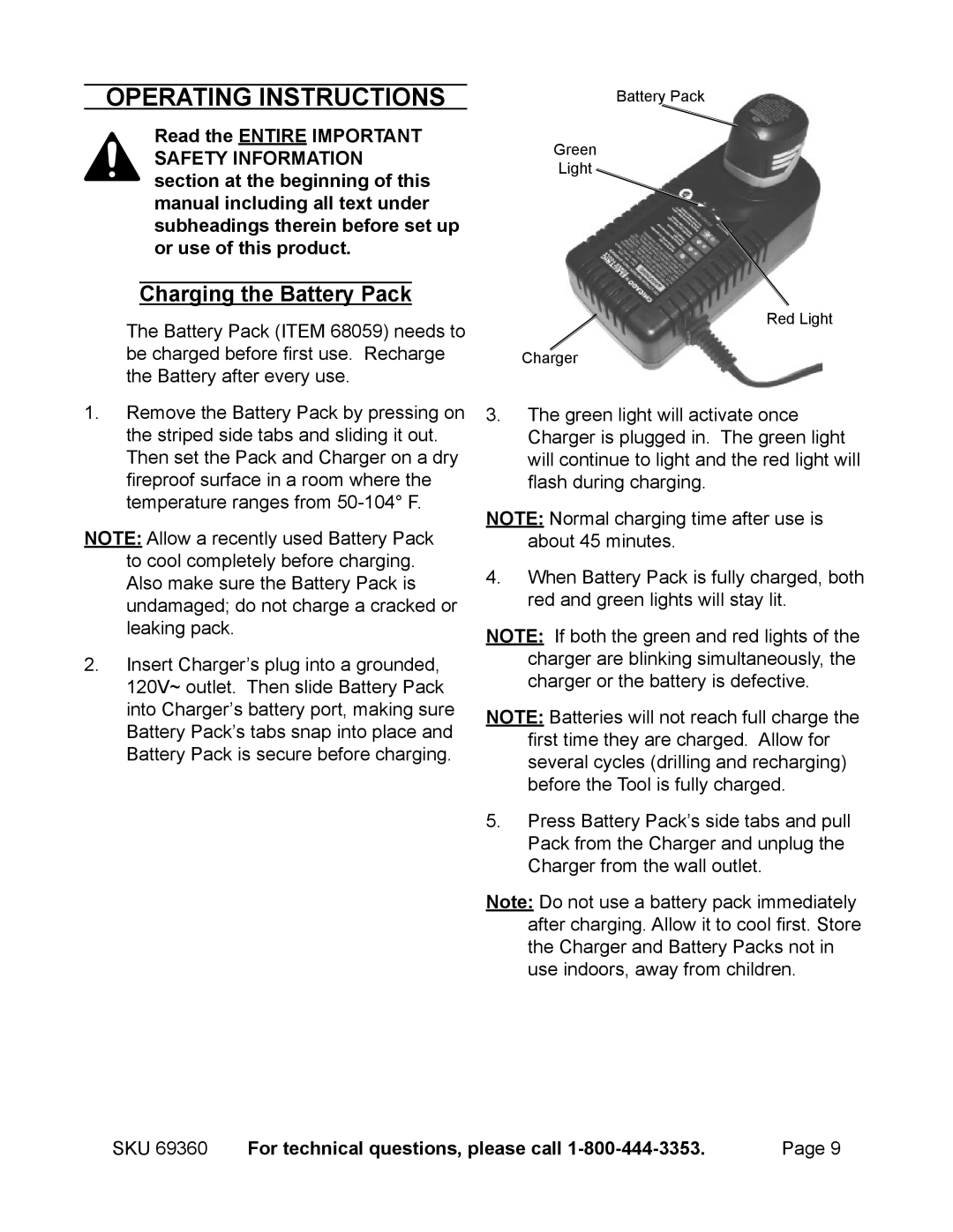 Chicago Electric 69360 operating instructions Operating Instructions, Charging the Battery Pack 