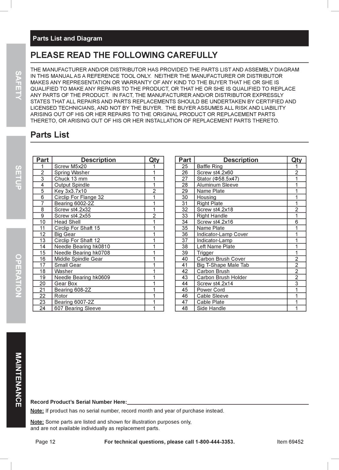 Chicago Electric 69452 owner manual Parts List and Diagram, Qty Part Description 