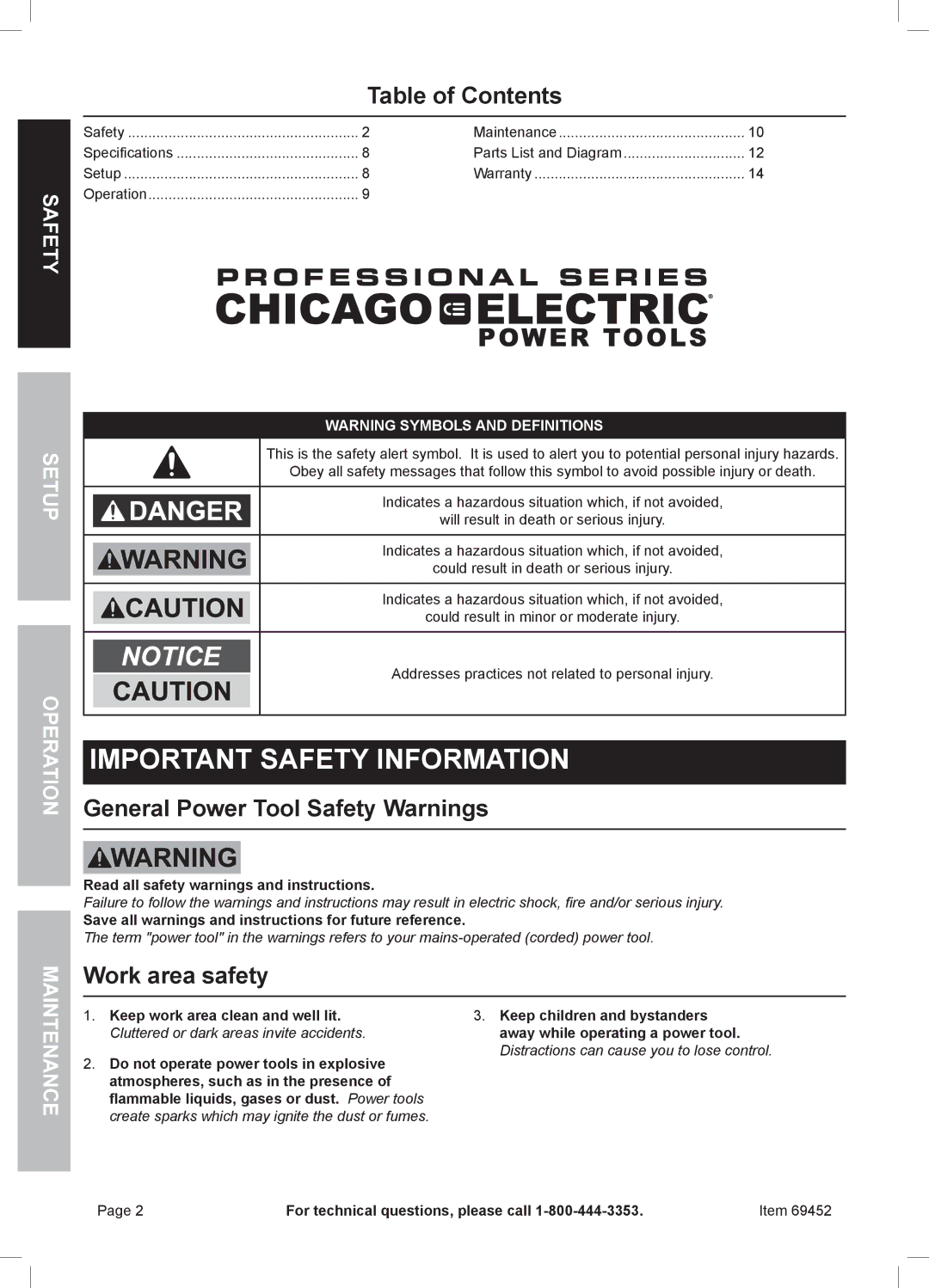 Chicago Electric 69452 owner manual Table of Contents, General Power Tool Safety Warnings, Work area safety 