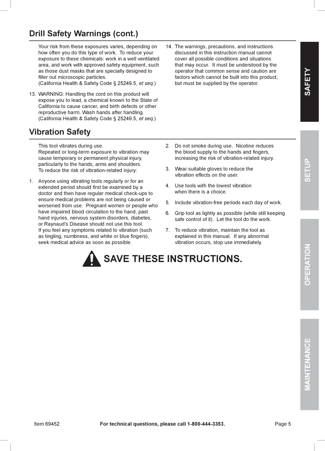 Chicago Electric 69452 owner manual Vibration Safety, Operation Maintenance 