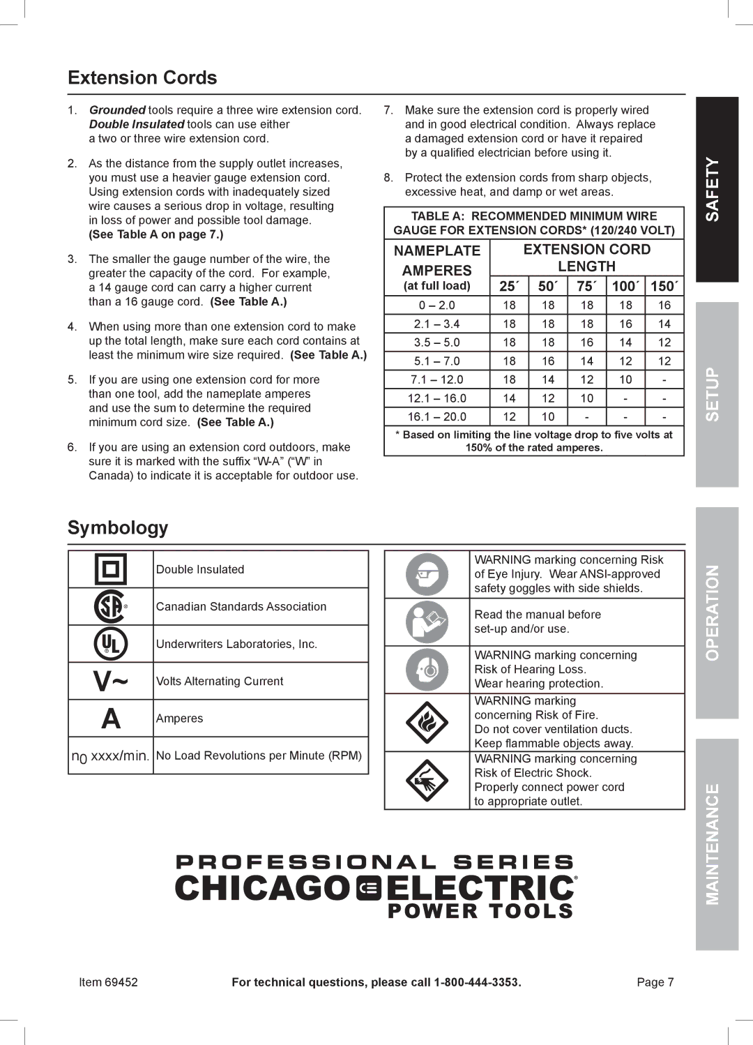 Chicago Electric 69452 owner manual Extension Cords, Symbology, Safety Setup, 25´ 50´ 75´ 100´ 150´ 