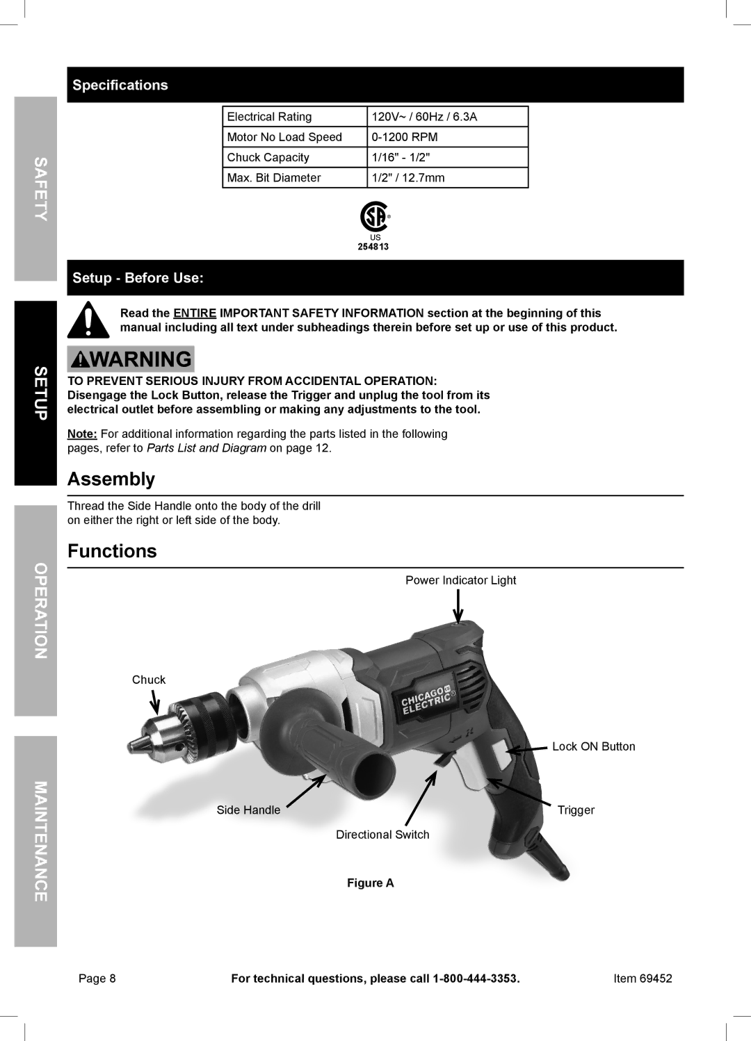 Chicago Electric 69452 owner manual Assembly, Functions, Setu No ratiepO Maintenan, Specifications, Setup Before Use 