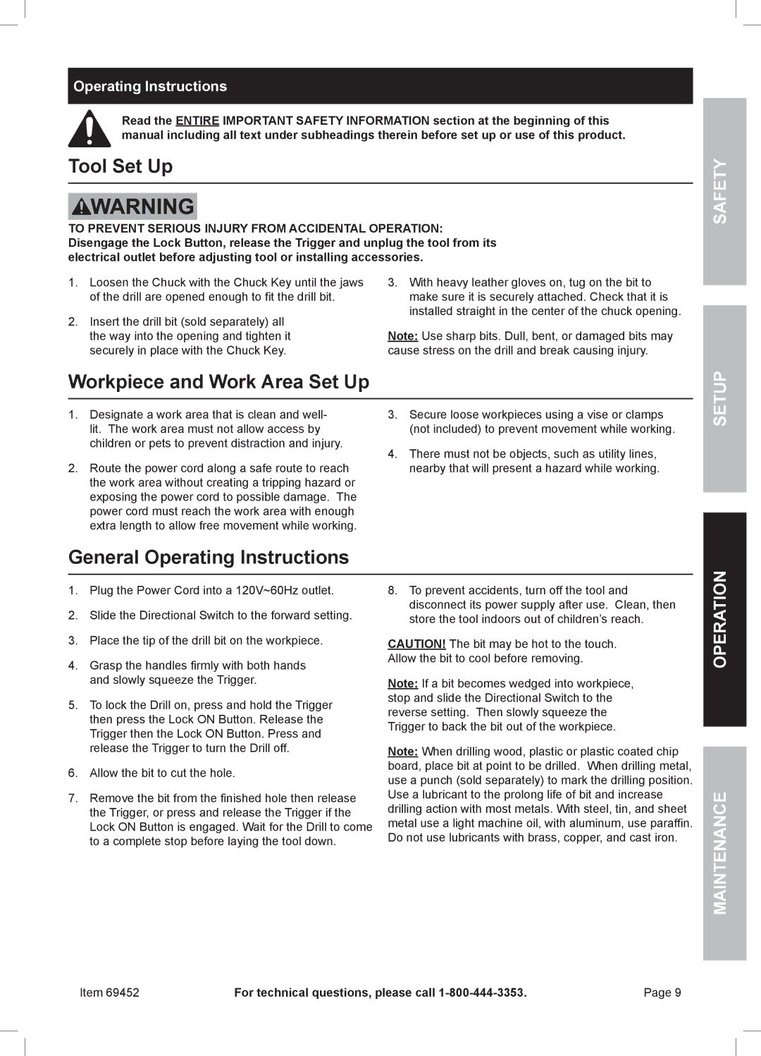 Chicago Electric 69452 owner manual Tool Set Up, Workpiece and Work Area Set Up, General Operating Instructions 