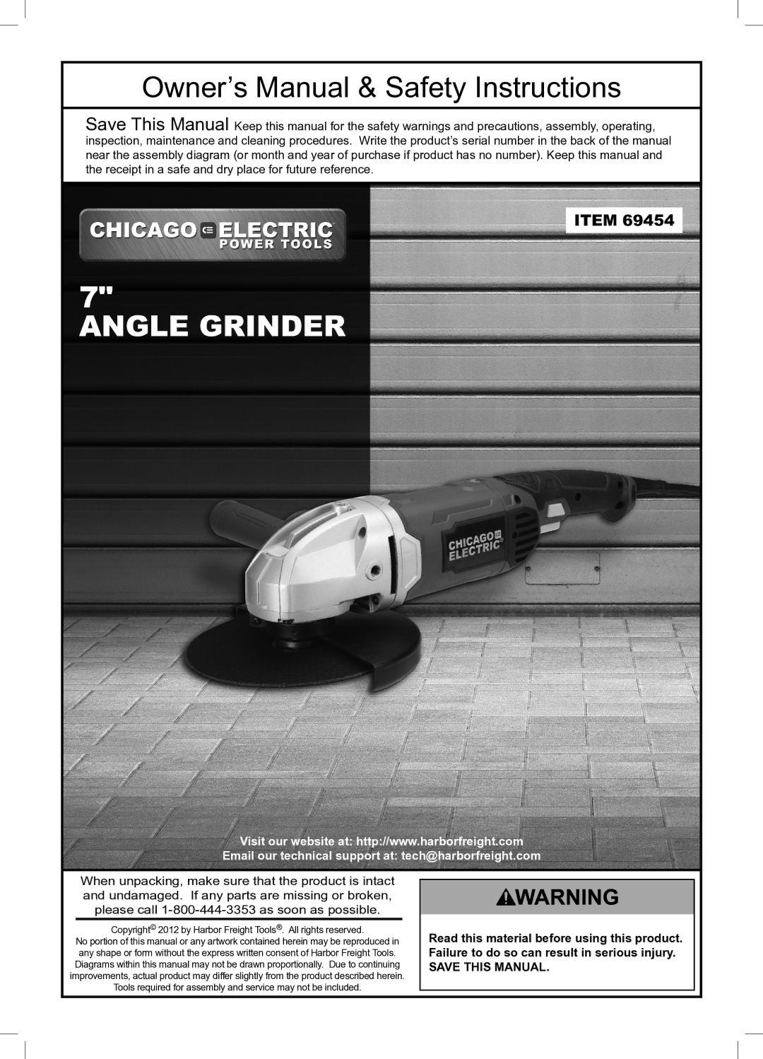 Chicago Electric 69454 owner manual Angle grinder 