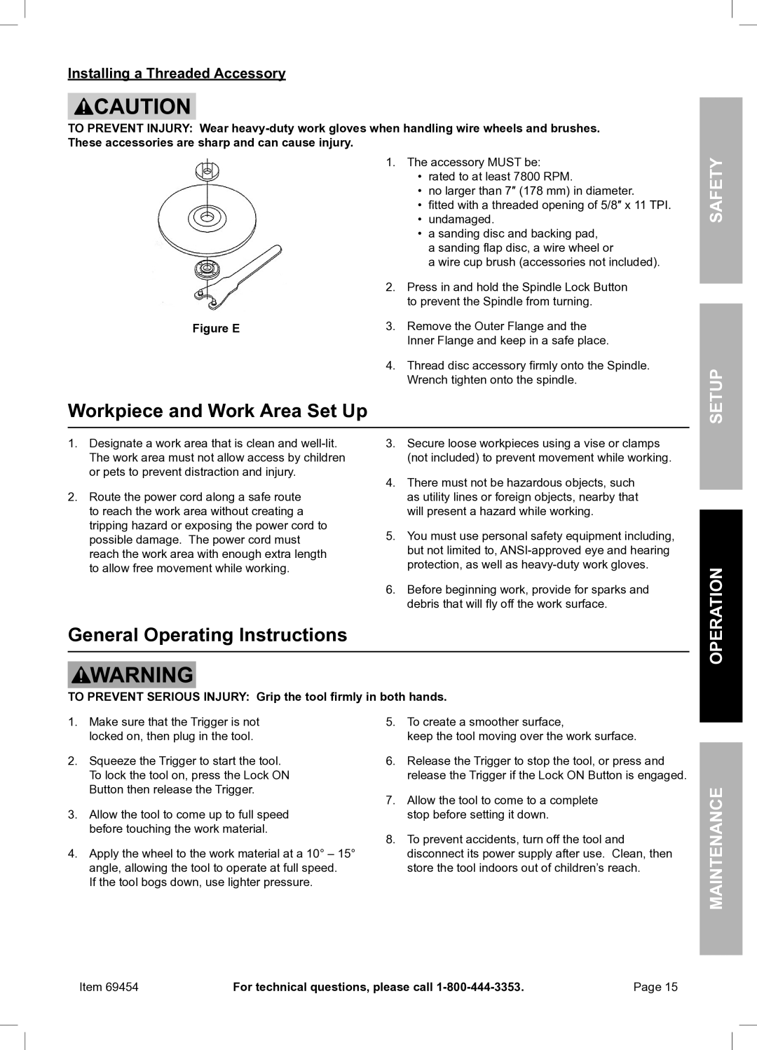 Chicago Electric 69454 Workpiece and Work Area Set Up, General Operating Instructions, Installing a Threaded Accessory 