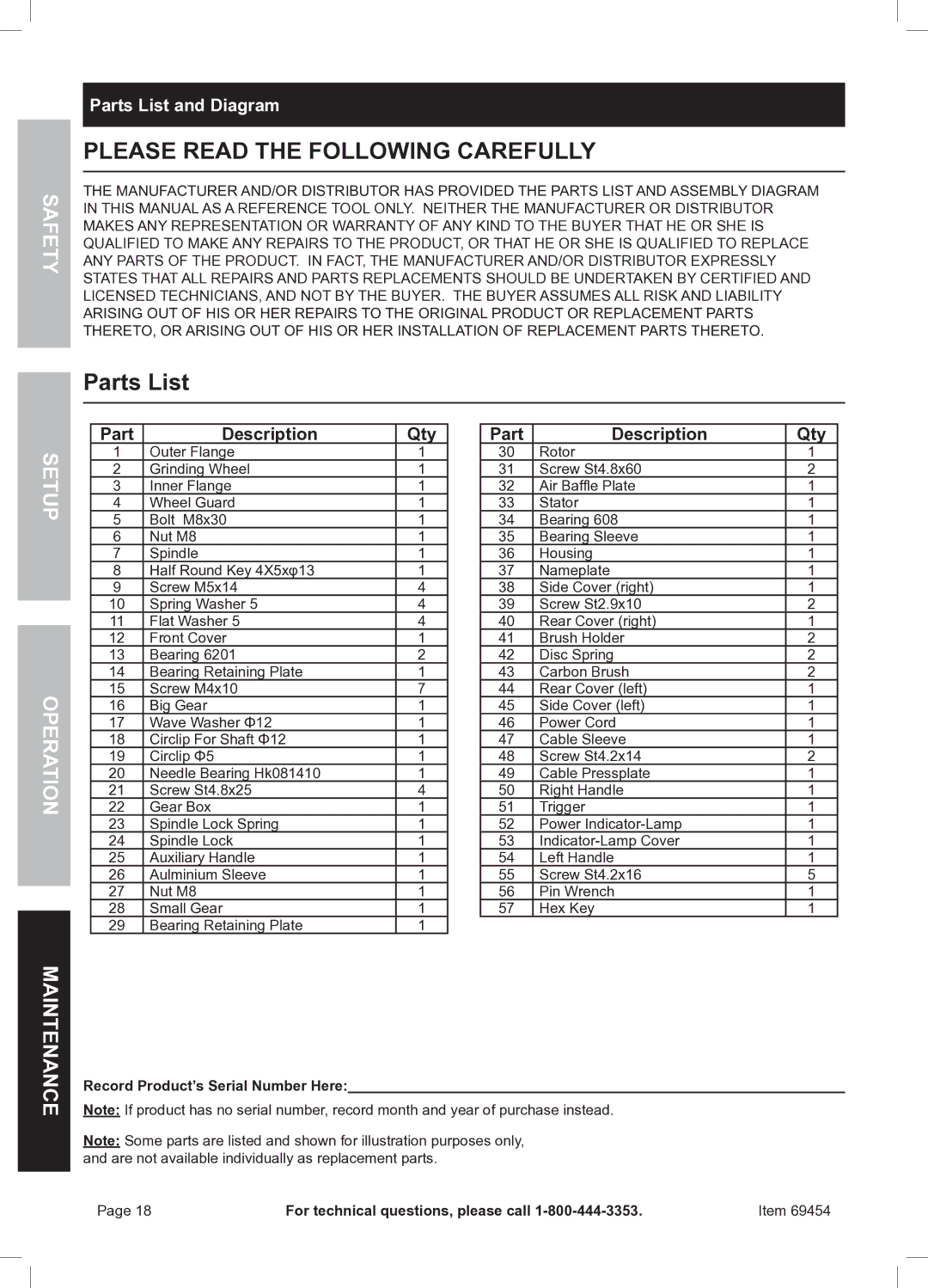 Chicago Electric 69454 owner manual Parts List and Diagram, Qty Part Description 