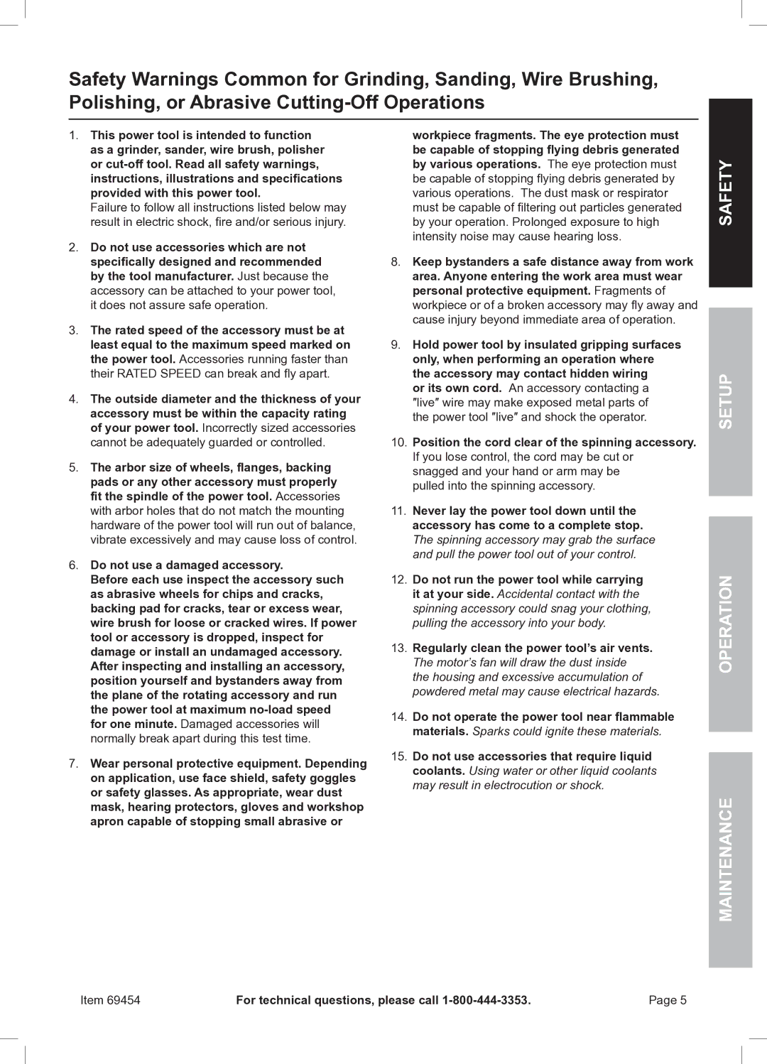 Chicago Electric 69454 owner manual Safety Setup Operation Maintenance 