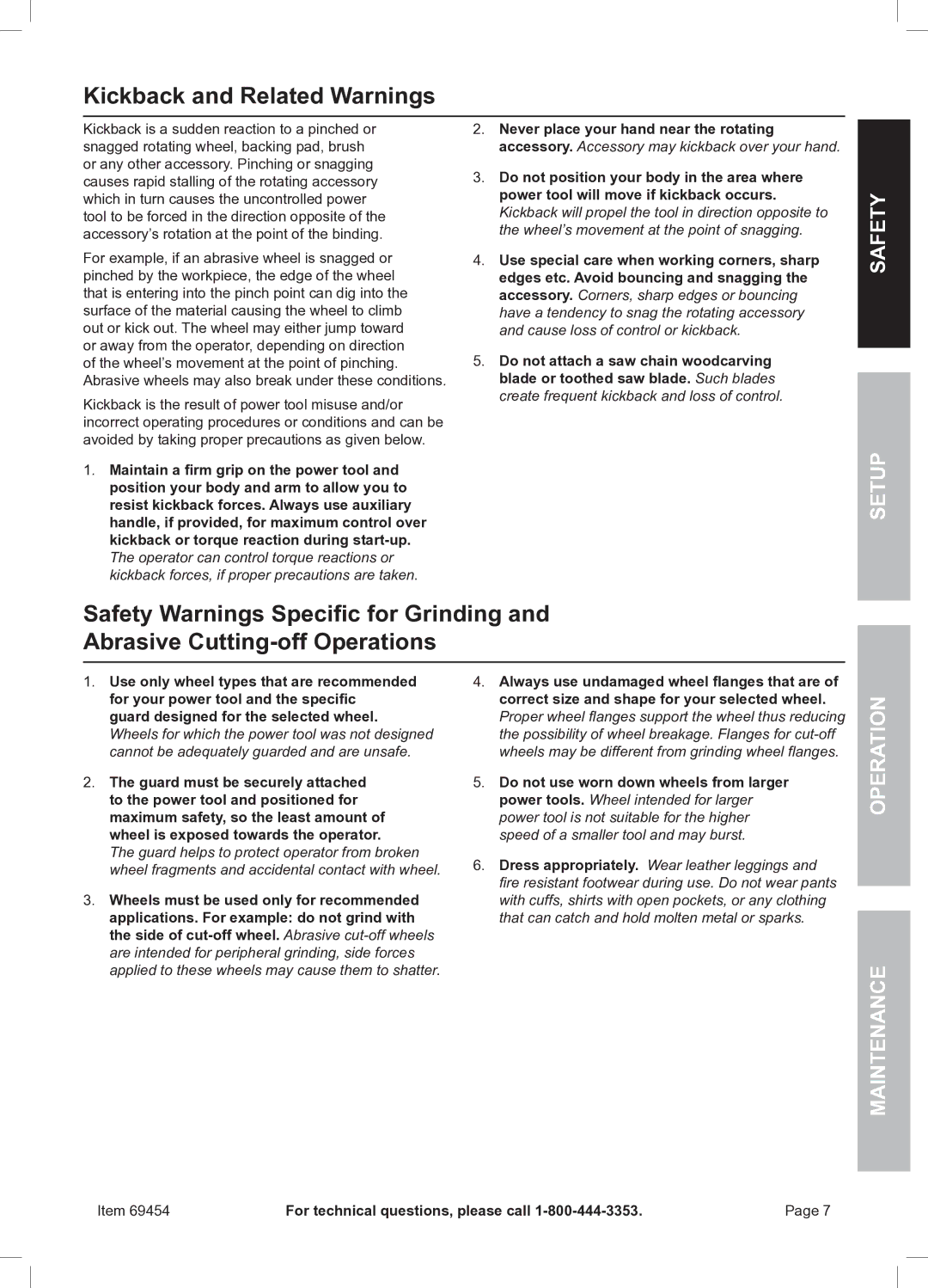 Chicago Electric 69454 owner manual Kickback and Related Warnings, Safety Setup 