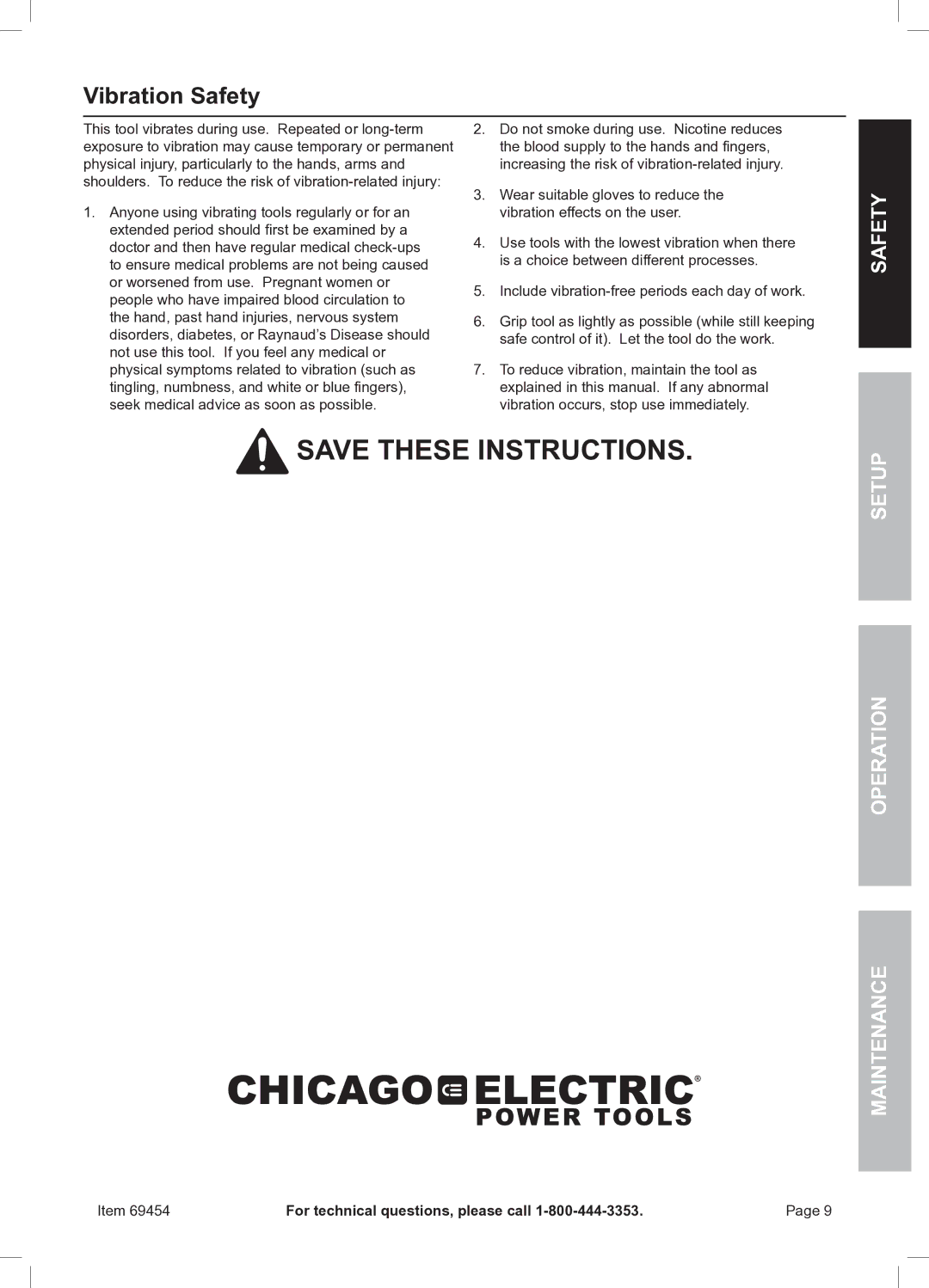 Chicago Electric 69454 owner manual Vibration Safety, Safety Setup Operation Maintenance 