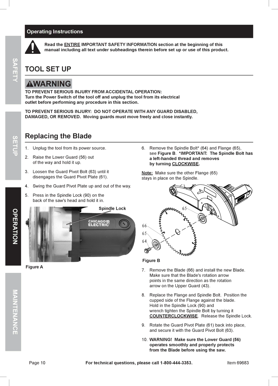 Chicago Electric 69683 owner manual Replacing the Blade, Operating Instructions 