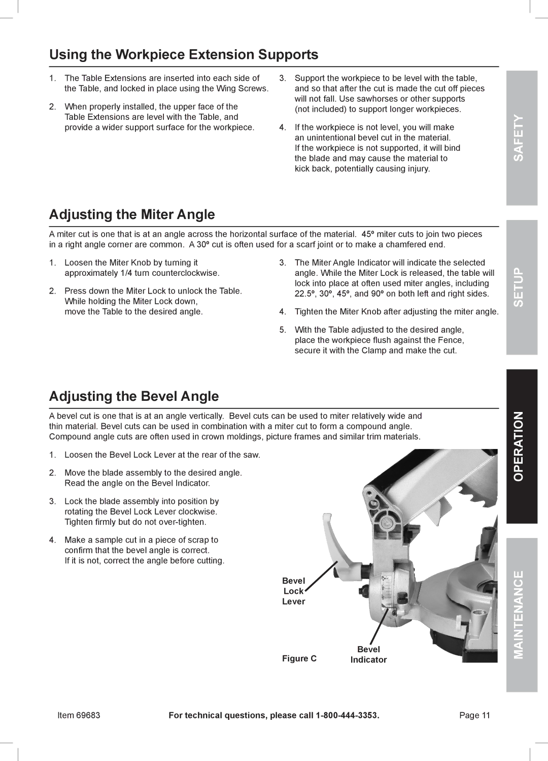 Chicago Electric 69683 Using the Workpiece Extension Supports, Adjusting the Miter Angle, Adjusting the Bevel Angle 