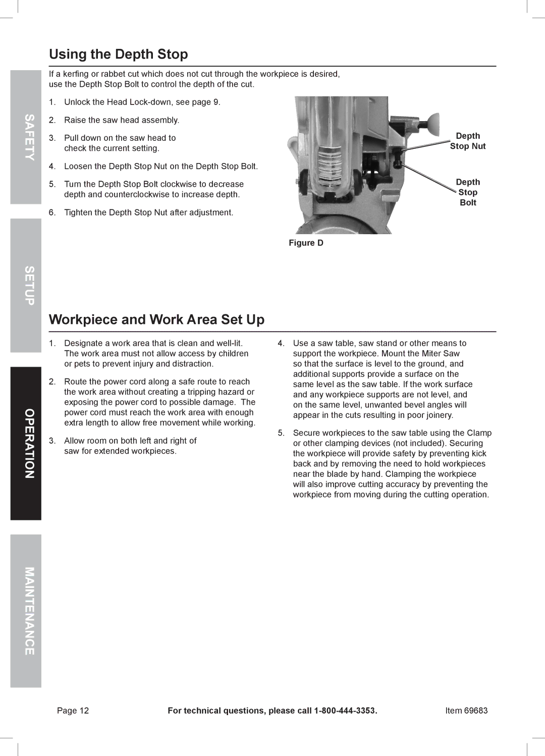 Chicago Electric 69683 owner manual Using the Depth Stop, Workpiece and Work Area Set Up 