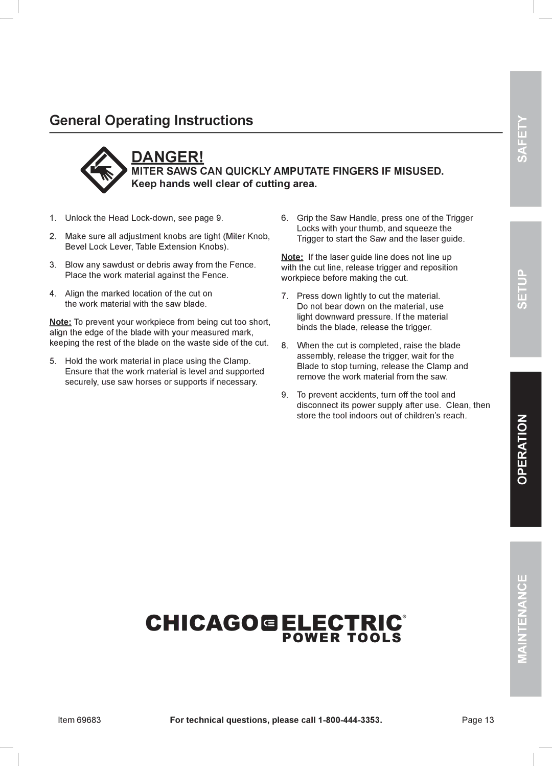 Chicago Electric 69683 owner manual General Operating Instructions 