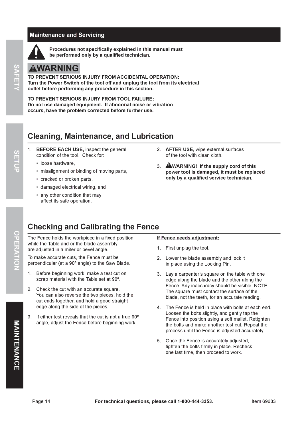 Chicago Electric 69683 owner manual Cleaning, Maintenance, and Lubrication, Checking and Calibrating the Fence 