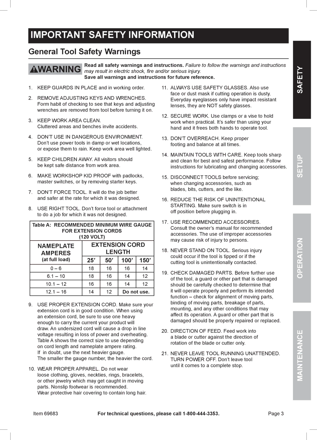 Chicago Electric 69683 owner manual Important Safety Information, General Tool Safety Warnings 