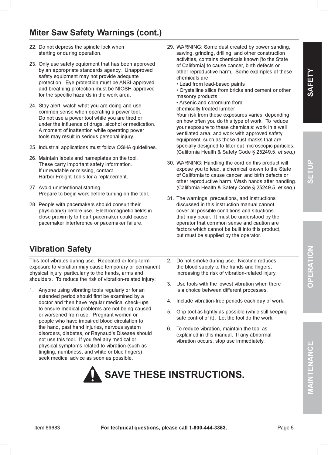 Chicago Electric 69683 owner manual Vibration Safety 