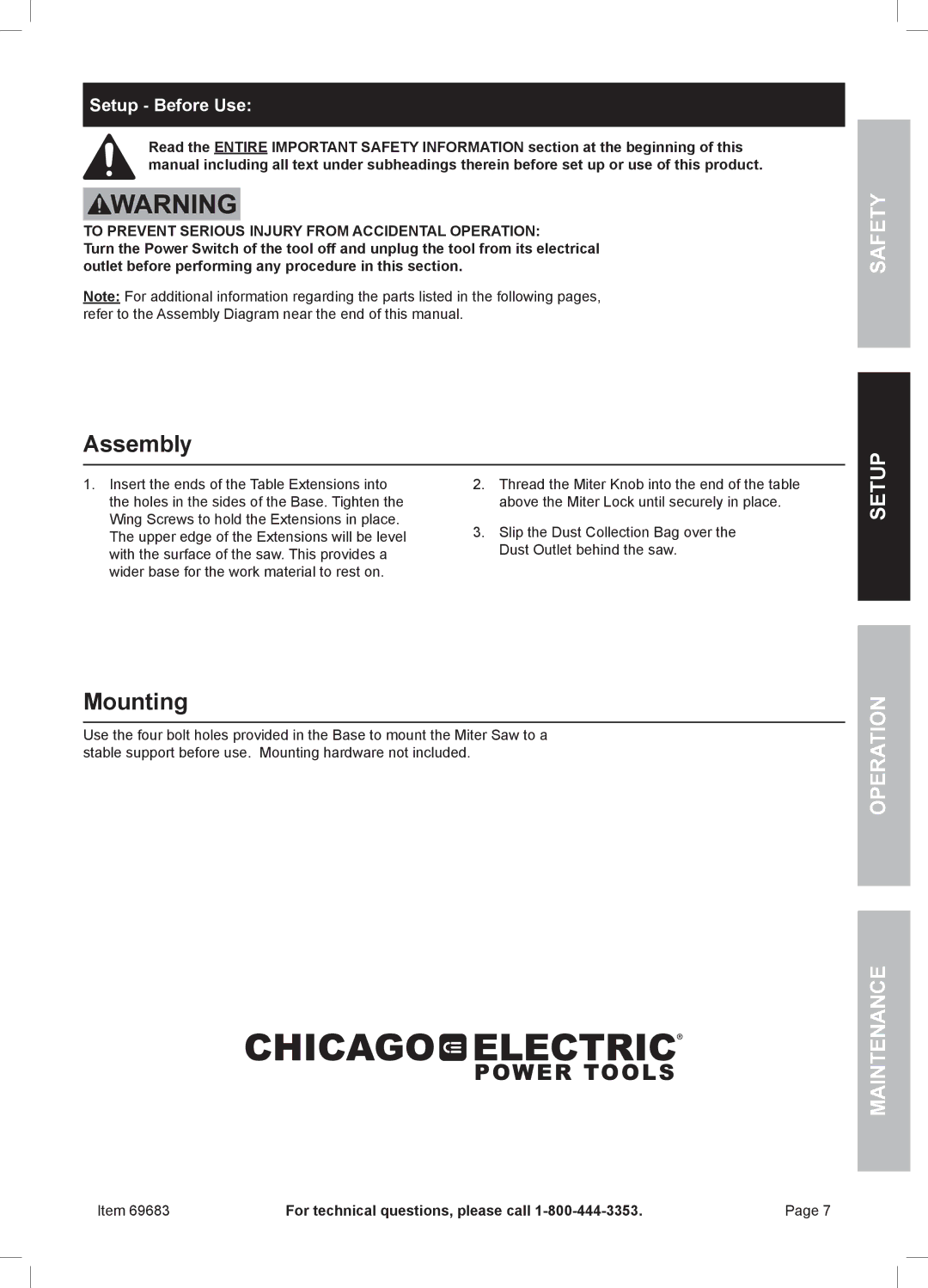 Chicago Electric 69683 owner manual Assembly, Mounting, Setup Before Use 