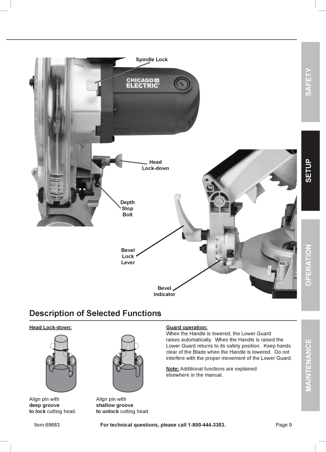 Chicago Electric 69683 owner manual Description of Selected Functions, Safety Setup Operation 