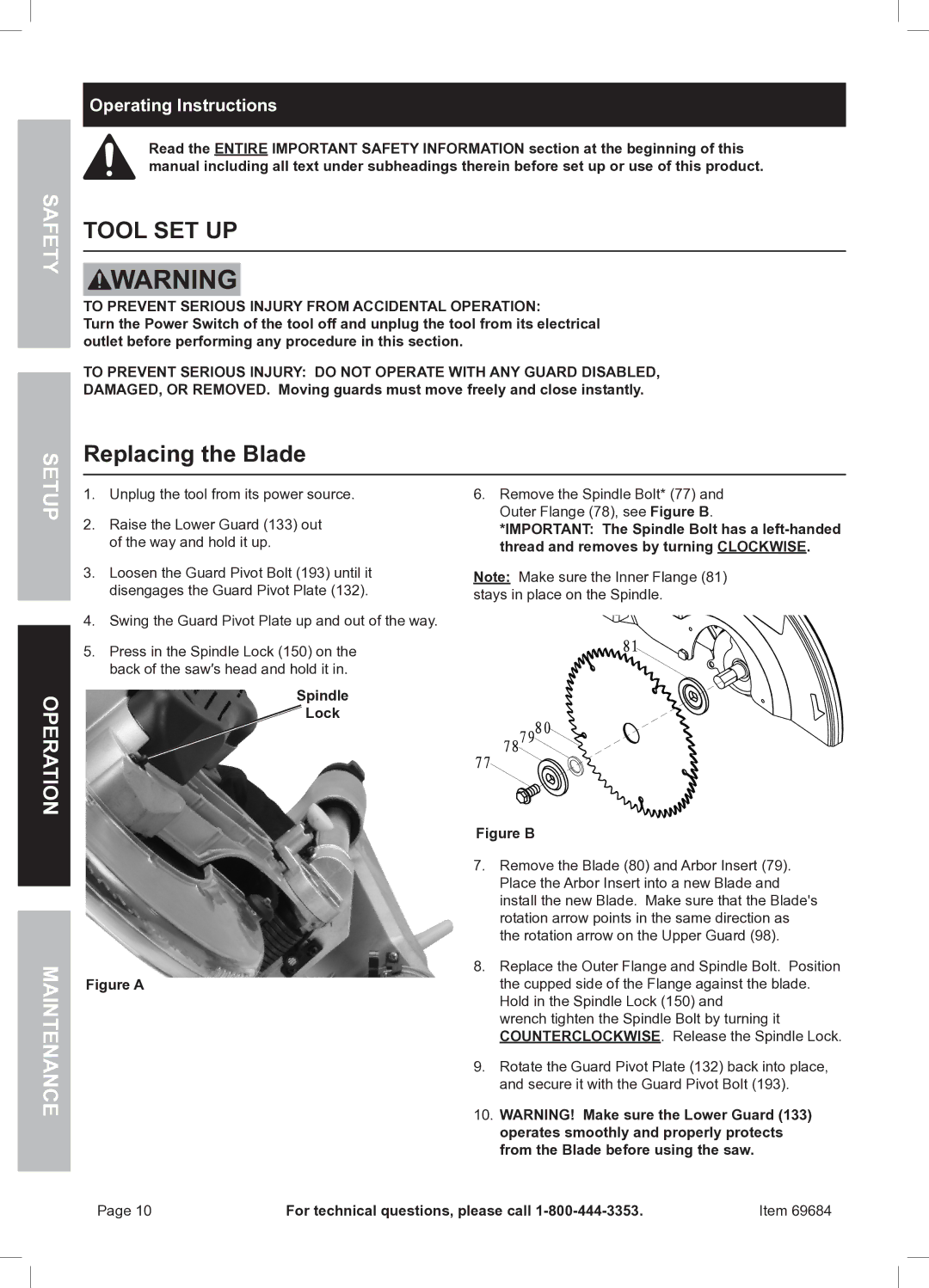 Chicago Electric 69684 owner manual Replacing the Blade, Operating Instructions 