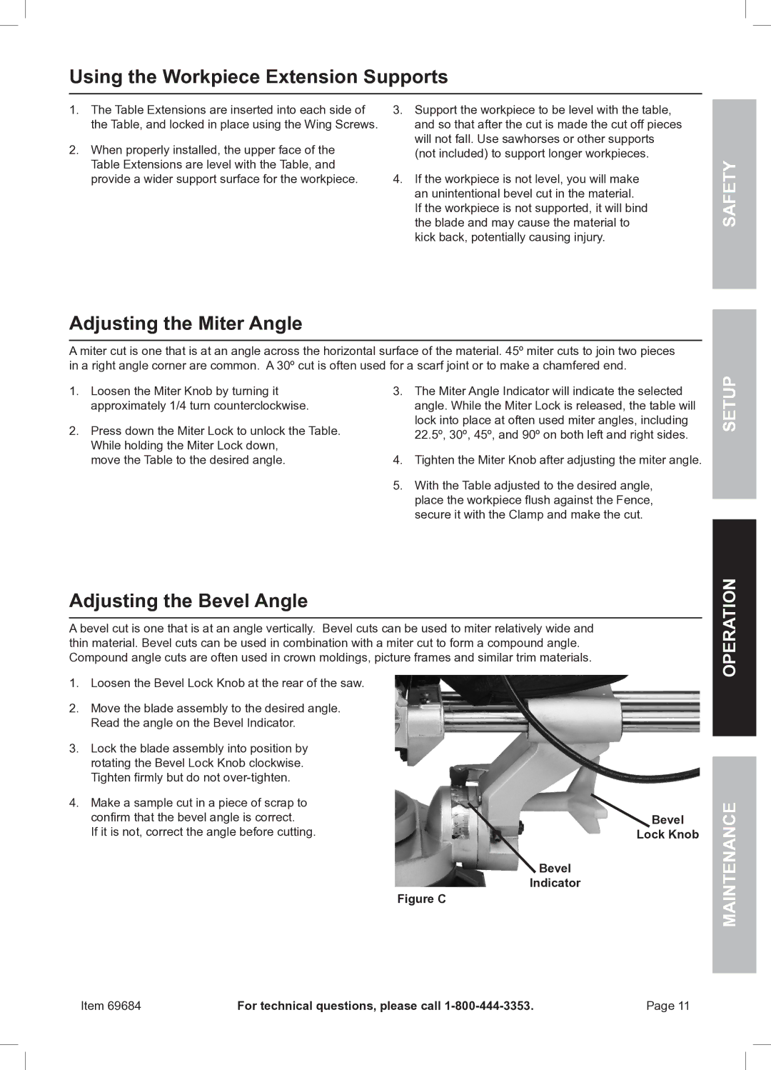 Chicago Electric 69684 Using the Workpiece Extension Supports, Adjusting the Miter Angle, Adjusting the Bevel Angle 