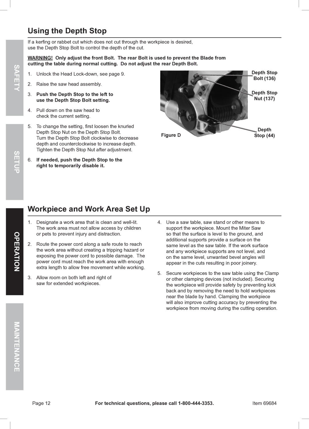 Chicago Electric 69684 owner manual Using the Depth Stop, Workpiece and Work Area Set Up 