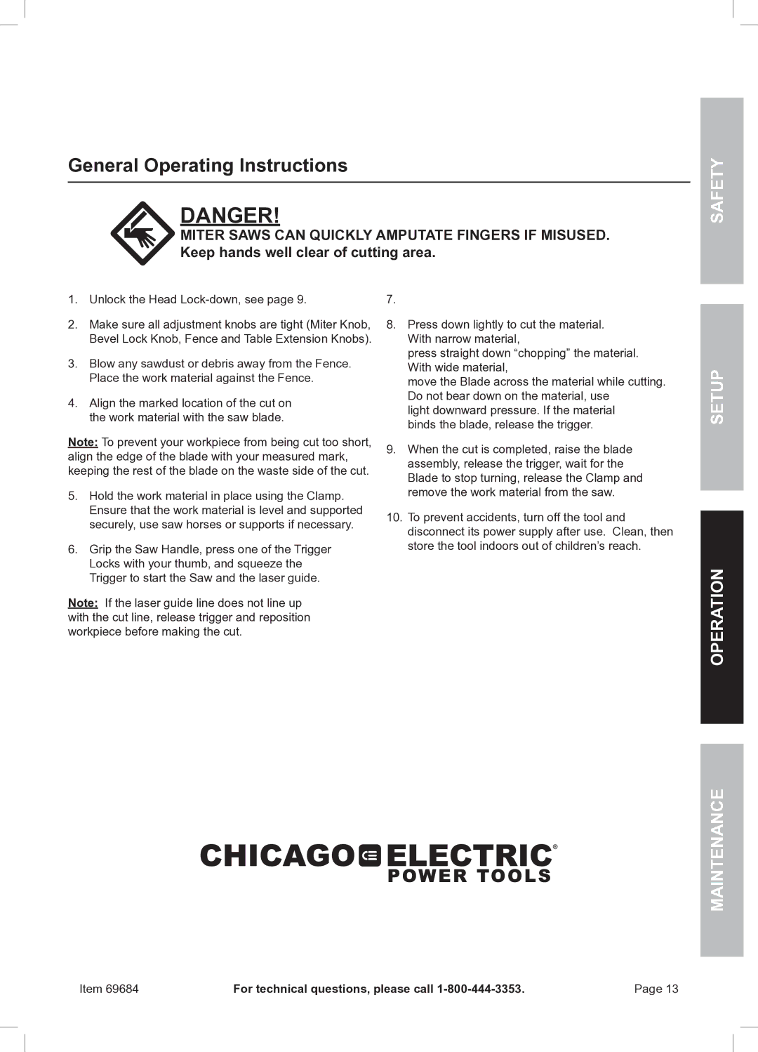 Chicago Electric 69684 owner manual General Operating Instructions 