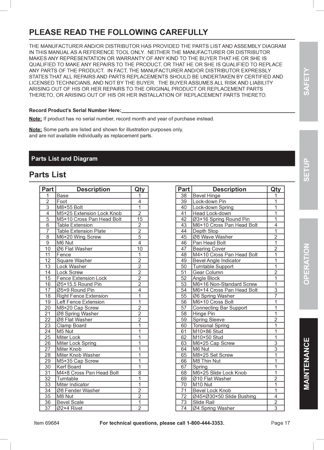 Chicago Electric 69684 owner manual Parts List and Diagram, Record Product’s Serial Number Here 